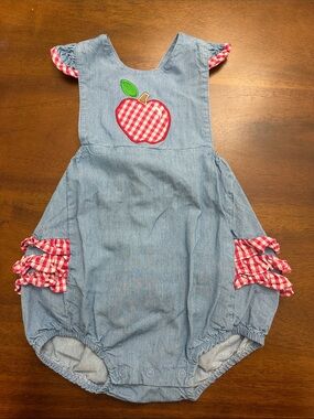 Classic Whimsy Blue Cotton Bubble Romper with Gingham Apple Appliqué